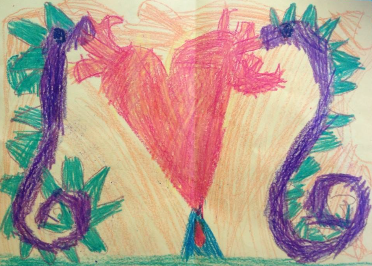A child's elaborate crayon drawing of 2 purple dragons with green scales. The dragons face one another with curled tails and no limbs, blowing fire to make a gigantic red-orange heart between them. The background is filled with vibrant orange scribbling.