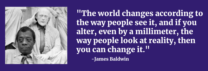 A purple rectangle with a picture on the left of James Baldwin smiling vaguely into the distance, a statue of William Shakespeare behind him. In white, a quote by Baldwin: 